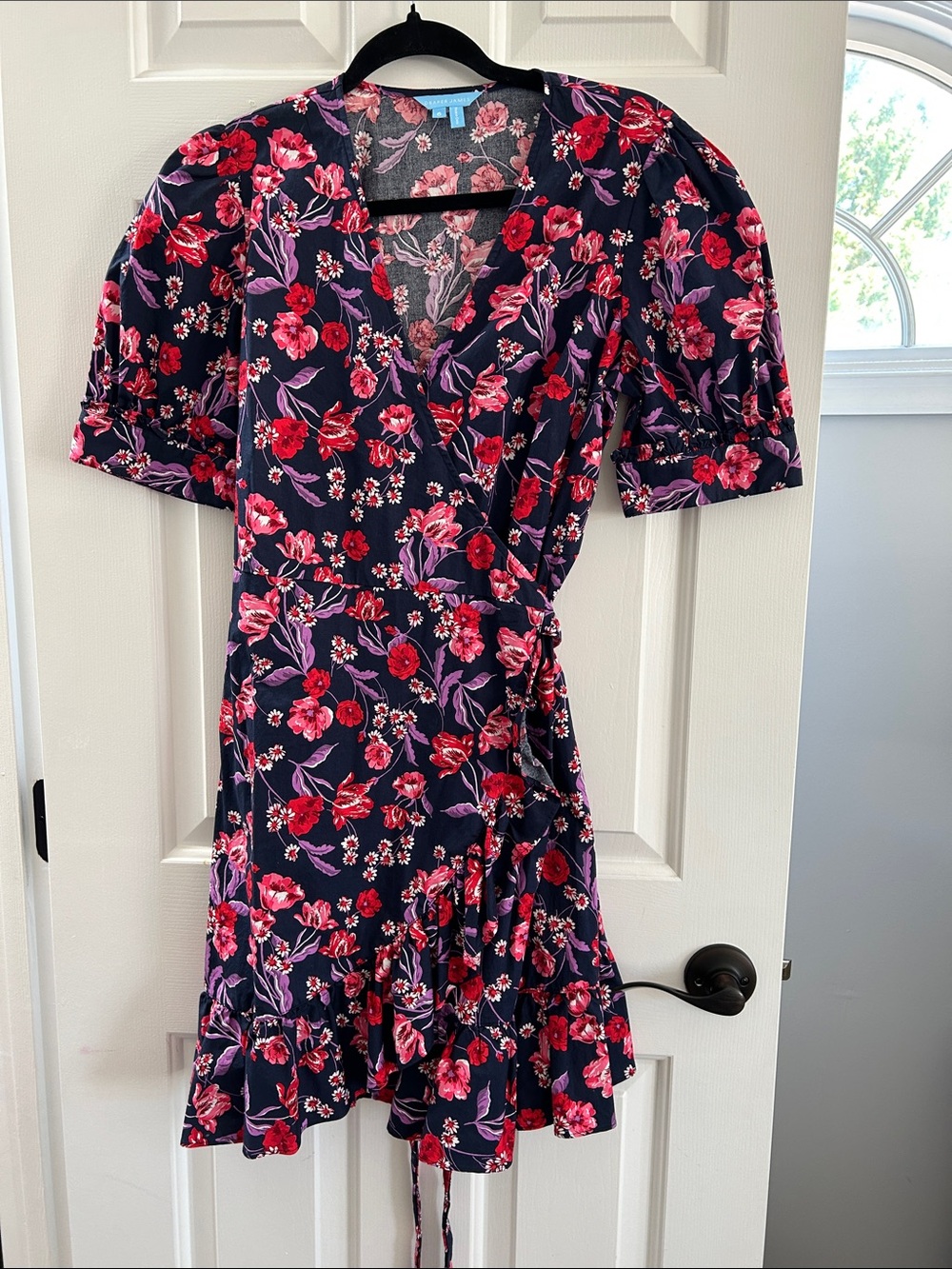 6 Draper James Floral Wrap Dress in Navy with Pink & Red Blooms